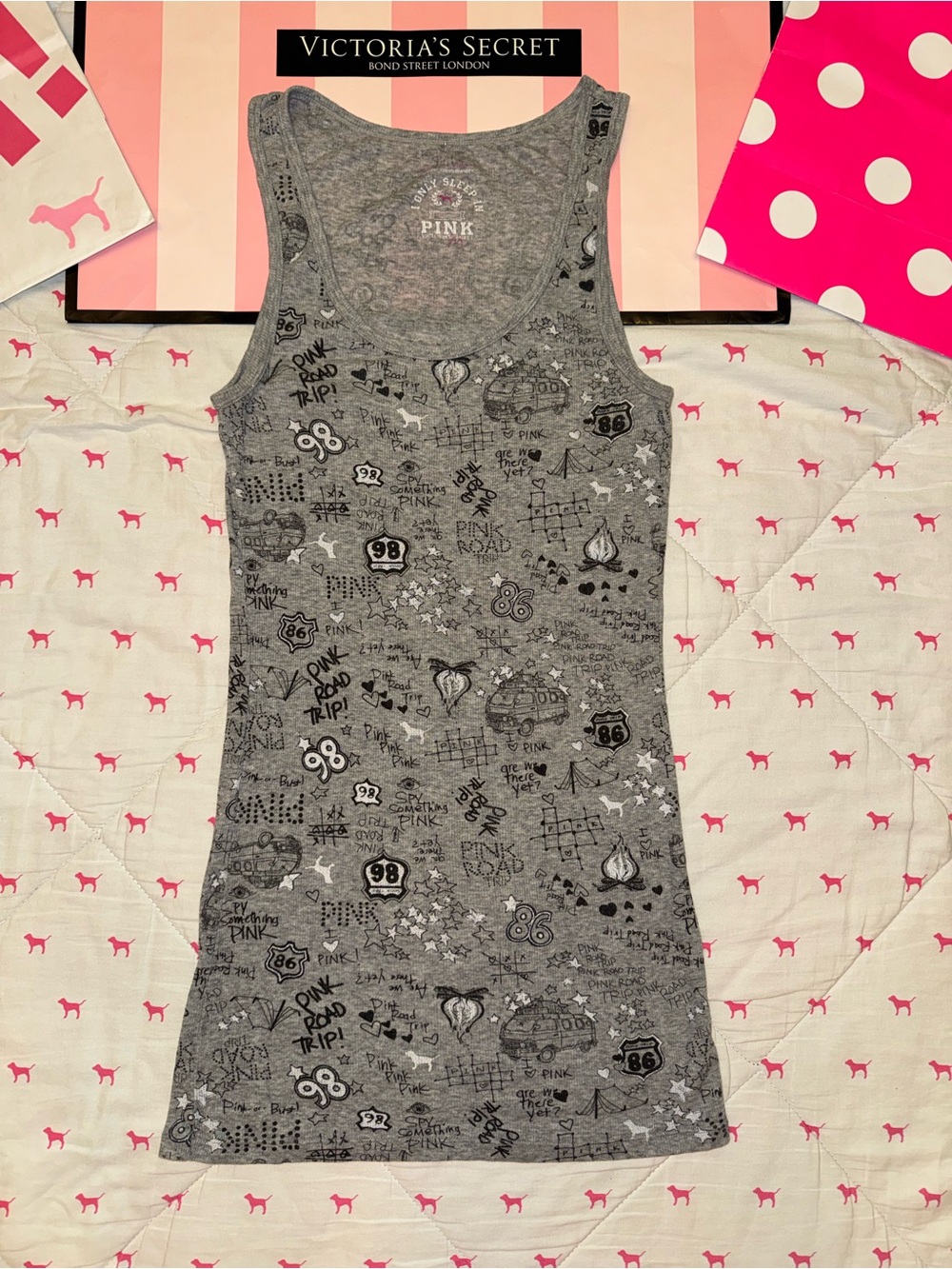 VS PINK VINTAGE Y2K RIBBED TANK TOP GRAY “ROAD TRIP”  ROUTE 86 DOG PUP LOGO HTF